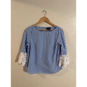 Y Liz Claiborne Career Blue & White Gingham Preppy Lace Sleeve Keyhole Top